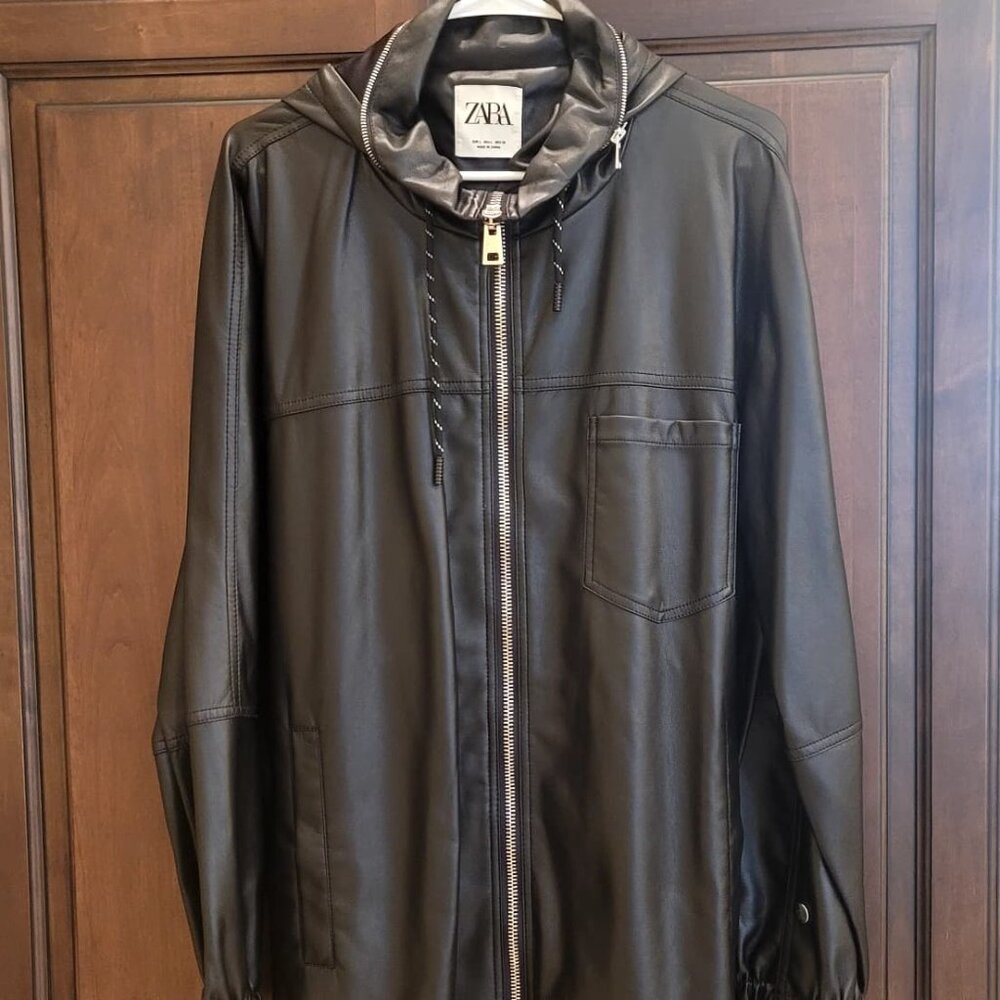 Zara Black Oversized Faux Leather Hooded Zipped Parka